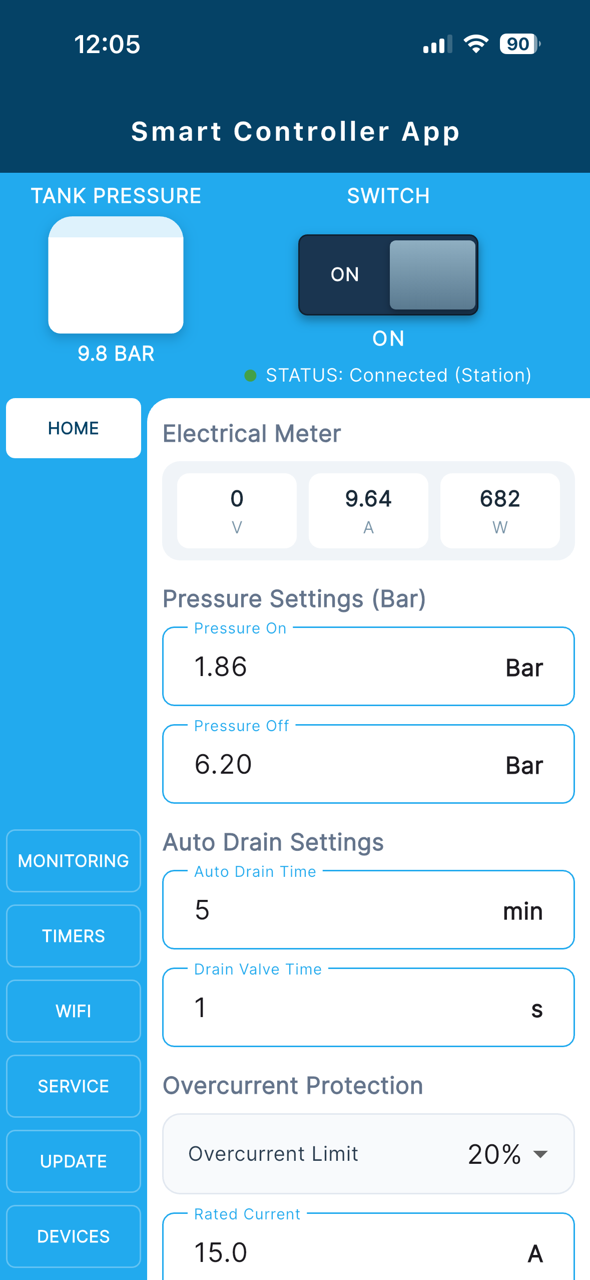 Home screen with pressure gauge and switch